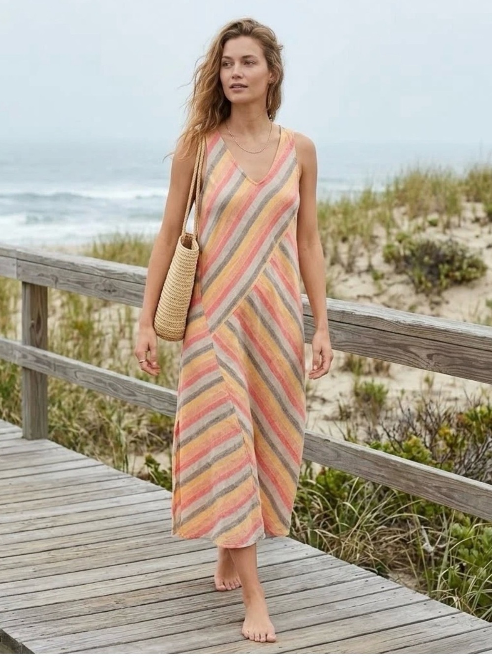 J.Jill Striped V-Neck Linen Maxi Beach Dress in Peach Pink Gray Small